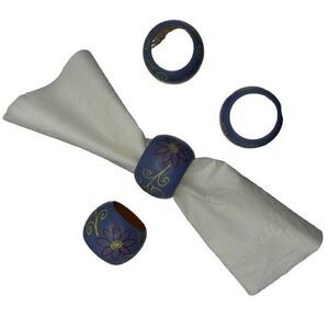 Vintage set of‎ 4 Floral Hand-Painted Lacquered Wooden Napkin Rings